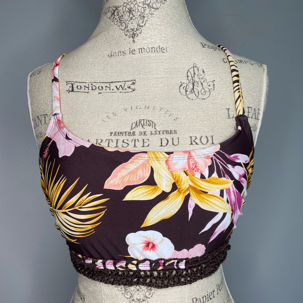 Xhilaration D/DD Brown Floral Bandeau Bikini Top Strappy Back Swim Bathing